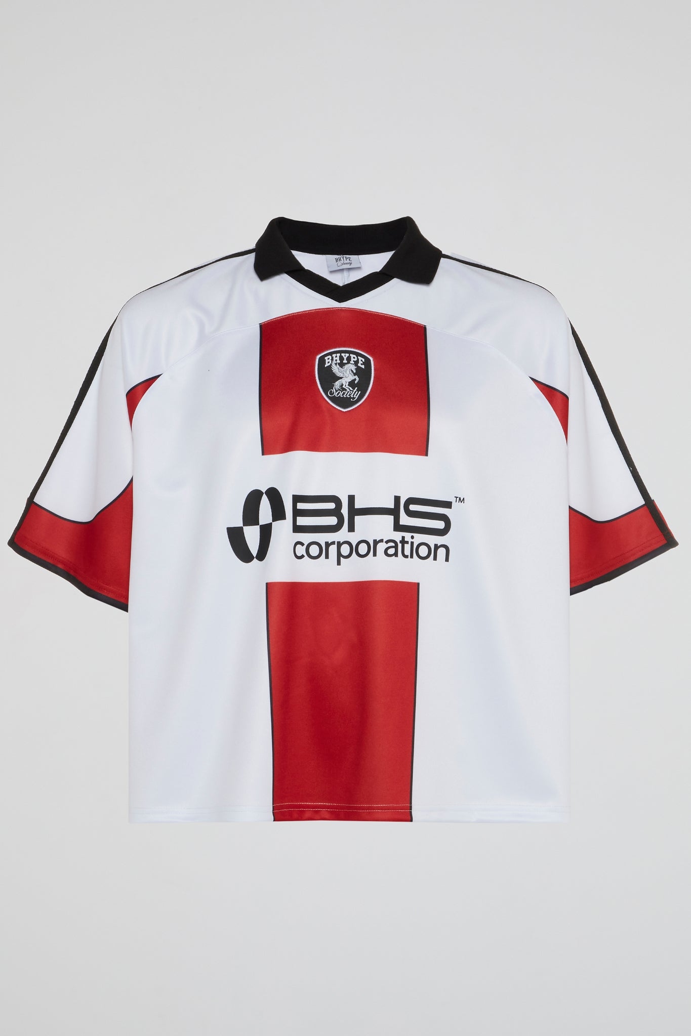 BHS CORPORATION WHITE & RED CROPPED SOCCER JERSEY