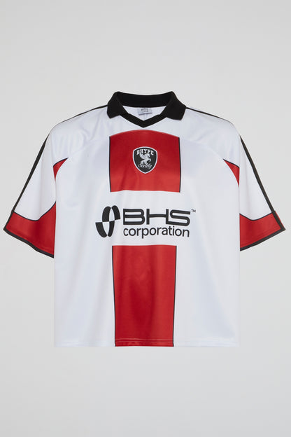 BHS CORPORATION WHITE & RED CROPPED SOCCER JERSEY